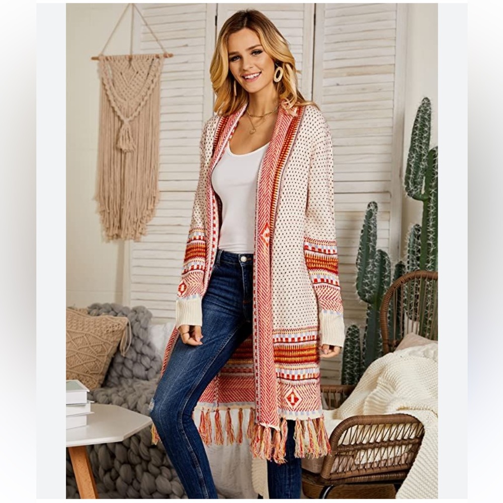 Bohemian Fringe Cardigan Sweater - Cream and Red